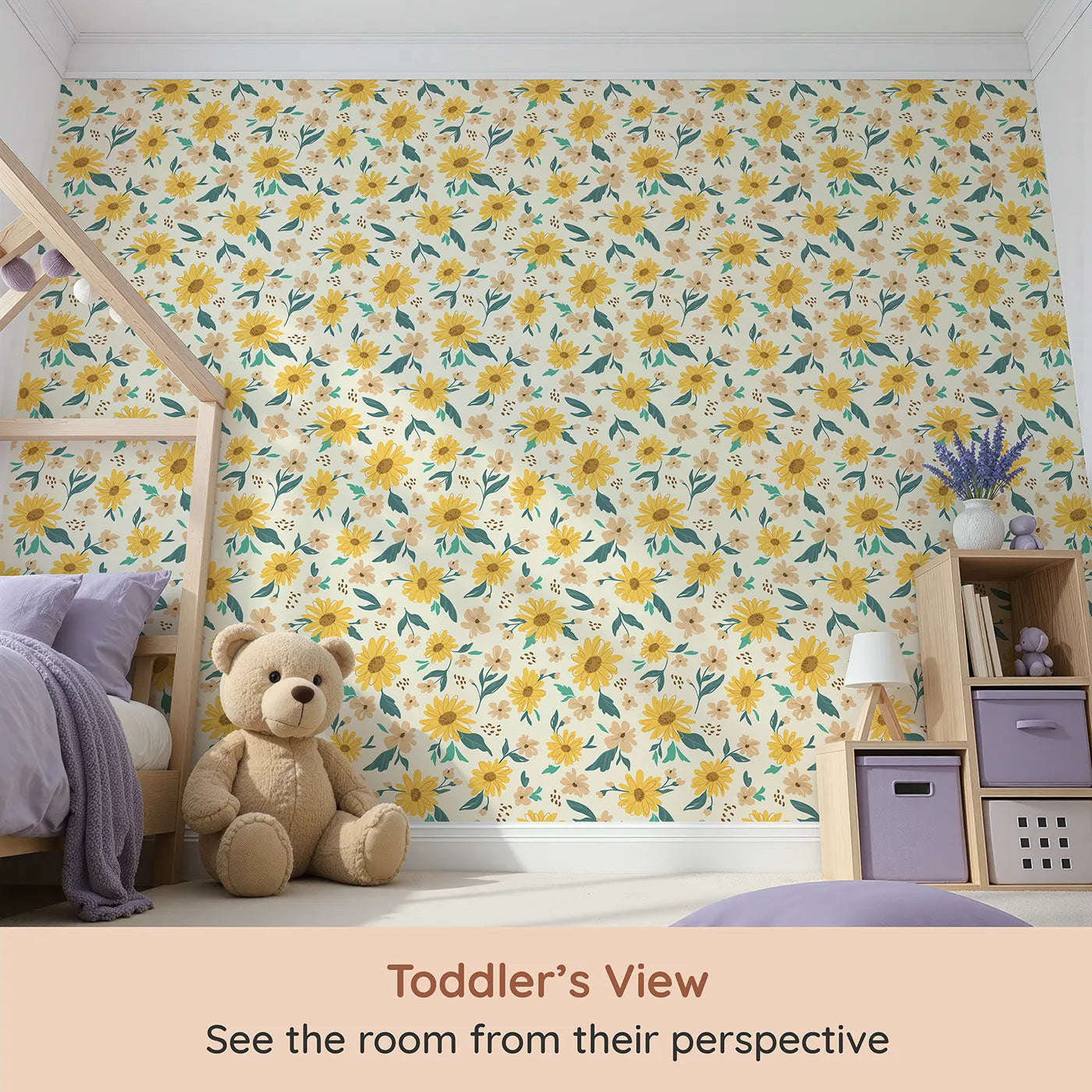 Whimsy Tots Sunny Sunflower Field Wallpaper (W2084) from your child's view.Where happy sunflowers are always facing the light.