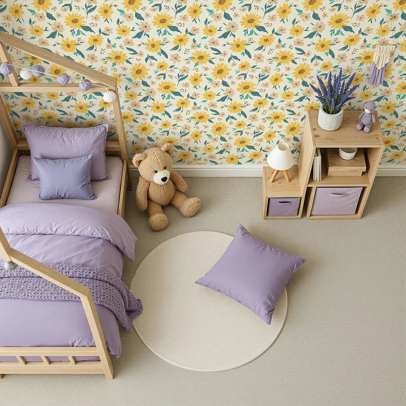 Top-Down view of Whimsy Tots' Sunny Sunflower Field Wallpaper (W2084).Where happy sunflowers are always facing the light.