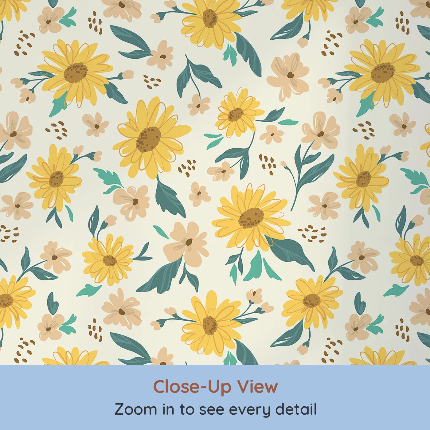 Close-up view of Whimsy Tots' Sunny Sunflower Field Wallpaper (W2084).Where happy sunflowers are always facing the light.