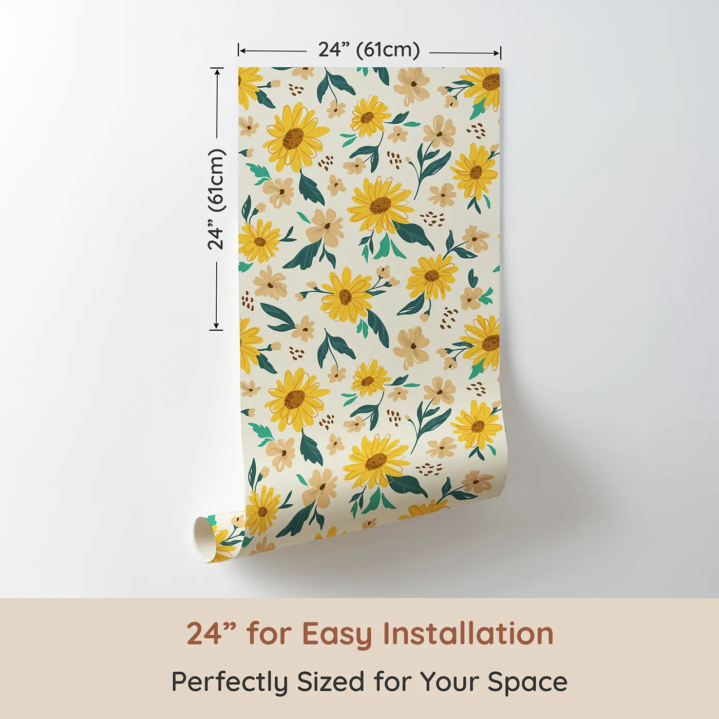 Dimension view of Whimsy Tots Sunny Sunflower Field Wallpaper (W2084). Printed in 24-inch-wide panel for easy installation. Where happy sunflowers are always facing the light.