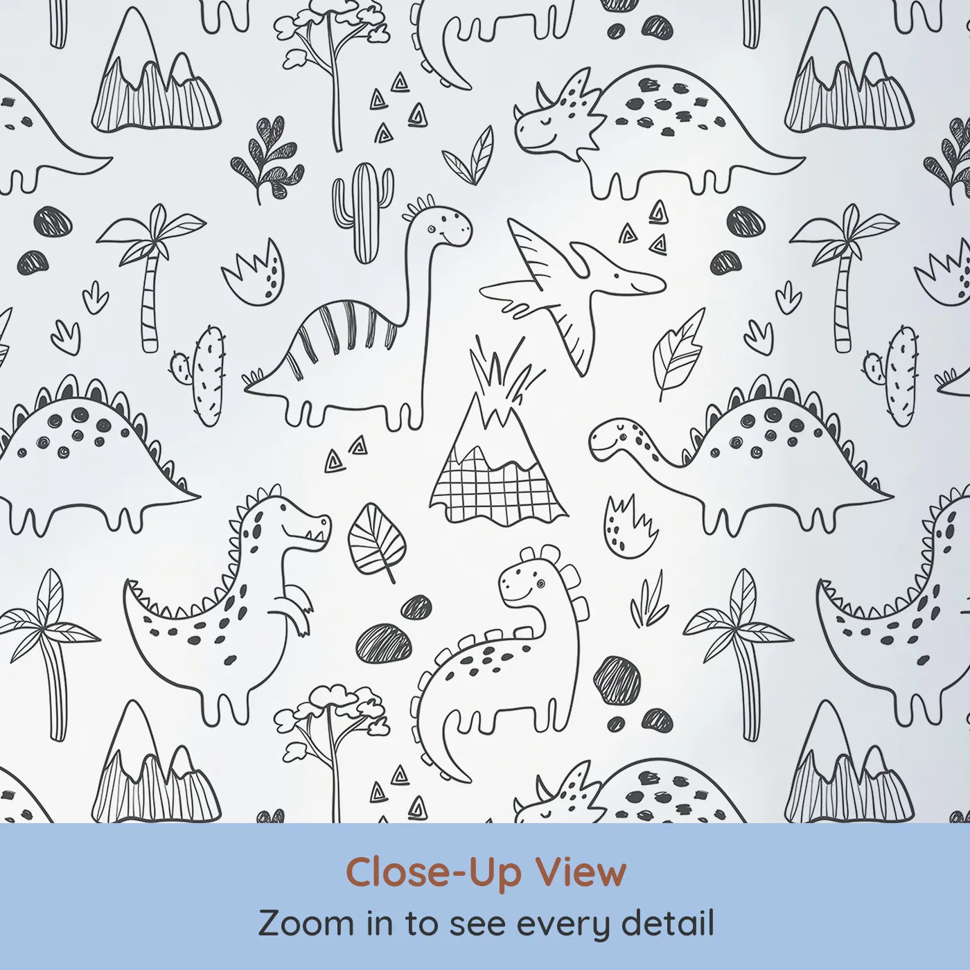 Close-up view of Whimsy Tots' Dinosaur Doodle Land Wallpaper (W2085).Where friendly dinosaurs are waiting for their next big adventure.