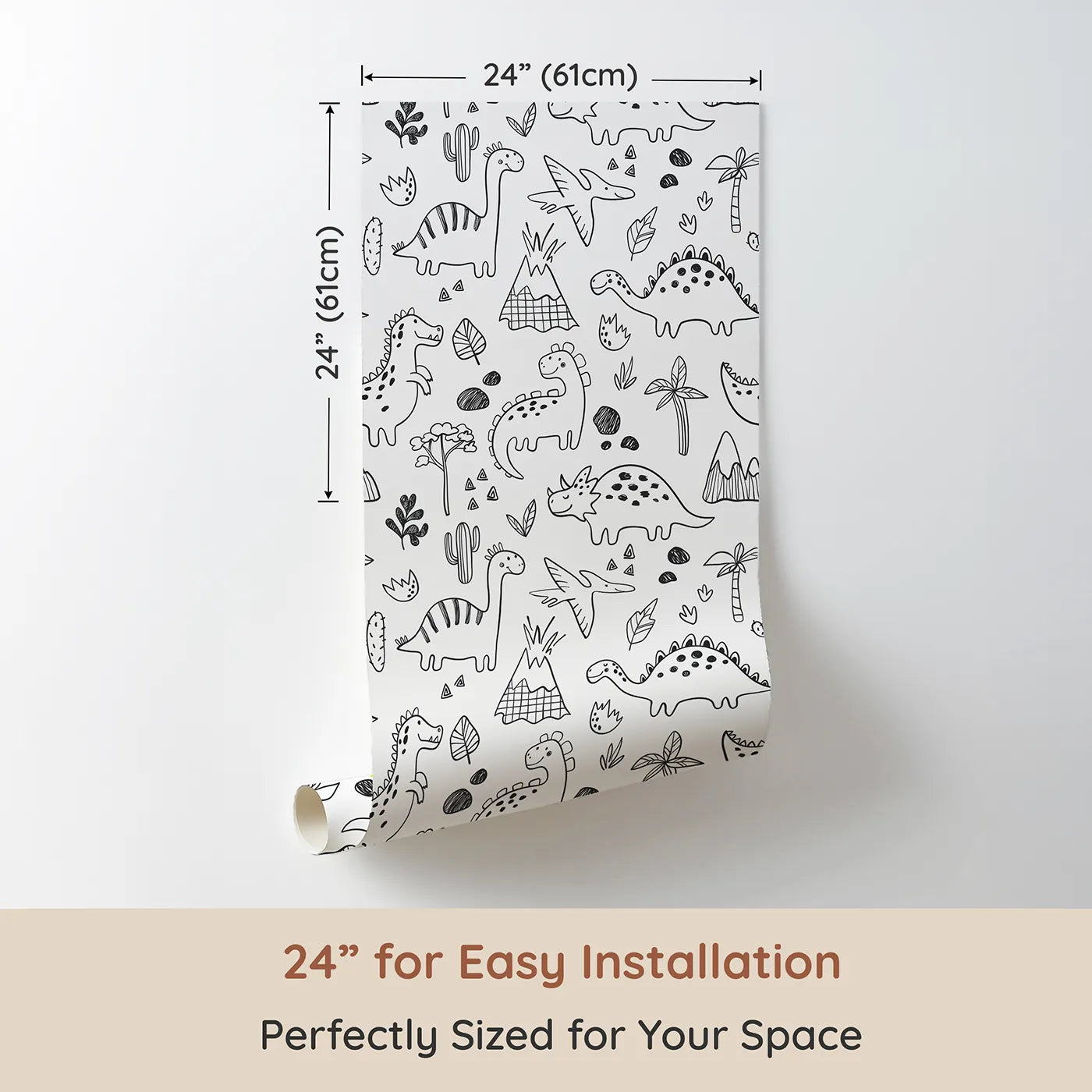 Dimension view of Whimsy Tots Dinosaur Doodle Land Wallpaper (W2085). Printed in 24-inch-wide panel for easy installation. Where friendly dinosaurs are waiting for their next big adventure.