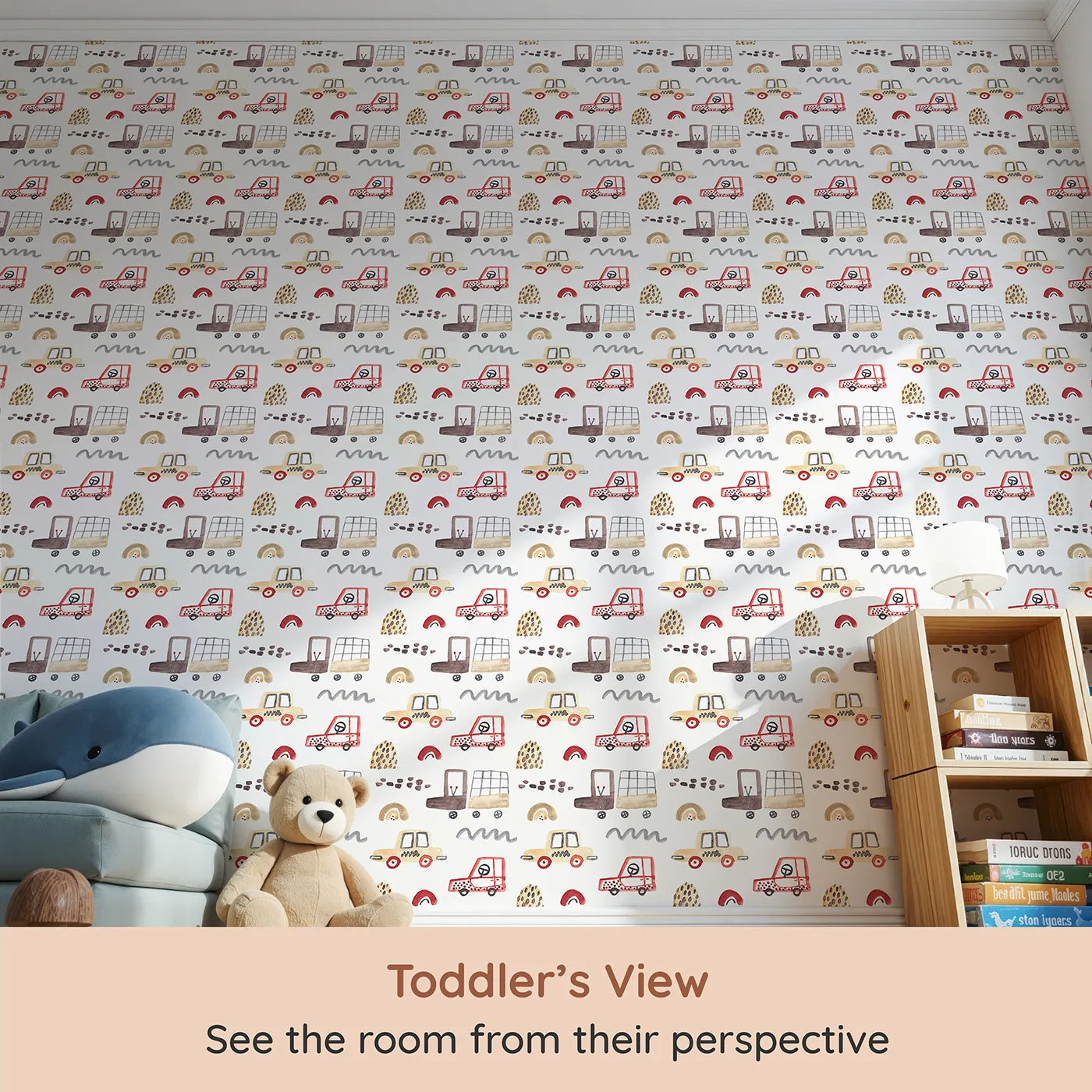 Whimsy Tots Watercolor Car Friends Wallpaper in Brown (W2087) from your child's view.Where sweet, hand-painted cars and trucks are on a happy journey.
