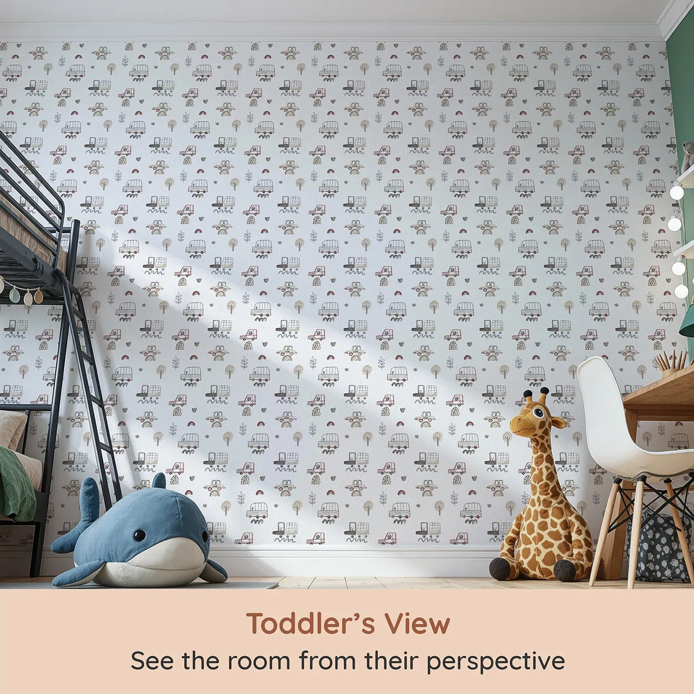 Whimsy Tots Neutral Watercolor Cars Wallpaper (W2088) from your child's view.Where soft, hand-painted vehicles travel through a quiet landscape.