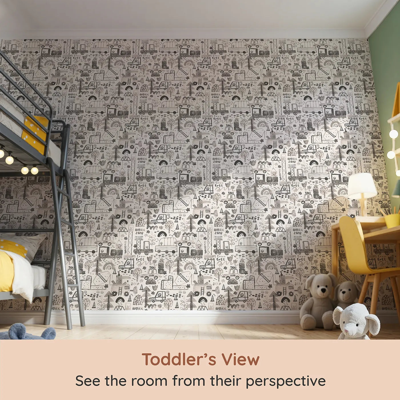 Whimsy Tots Monochrome Work Zone Watercolor Wallpaper (W2089) from your child's view.Where a whole city is painted in shades of creative gray.