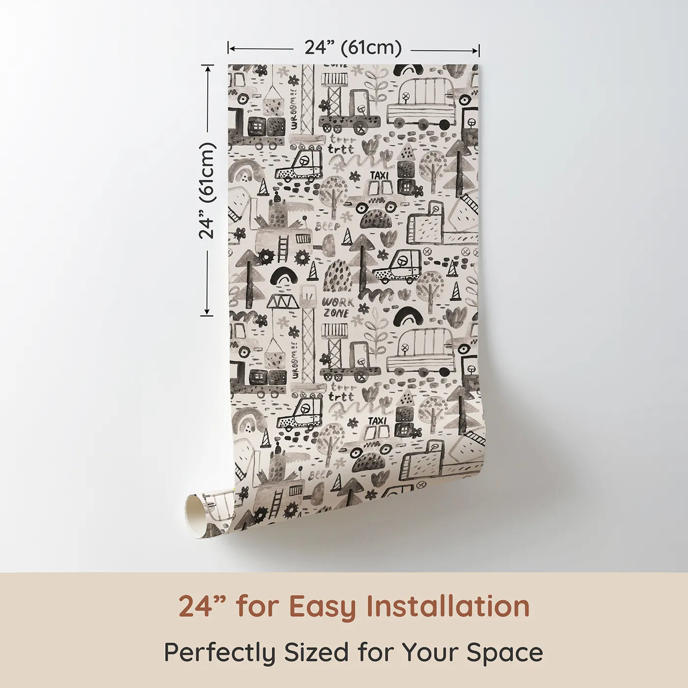 Dimension view of Whimsy Tots Monochrome Work Zone Watercolor Wallpaper (W2089). Printed in 24-inch-wide panel for easy installation. Where a whole city is painted in shades of creative gray.
