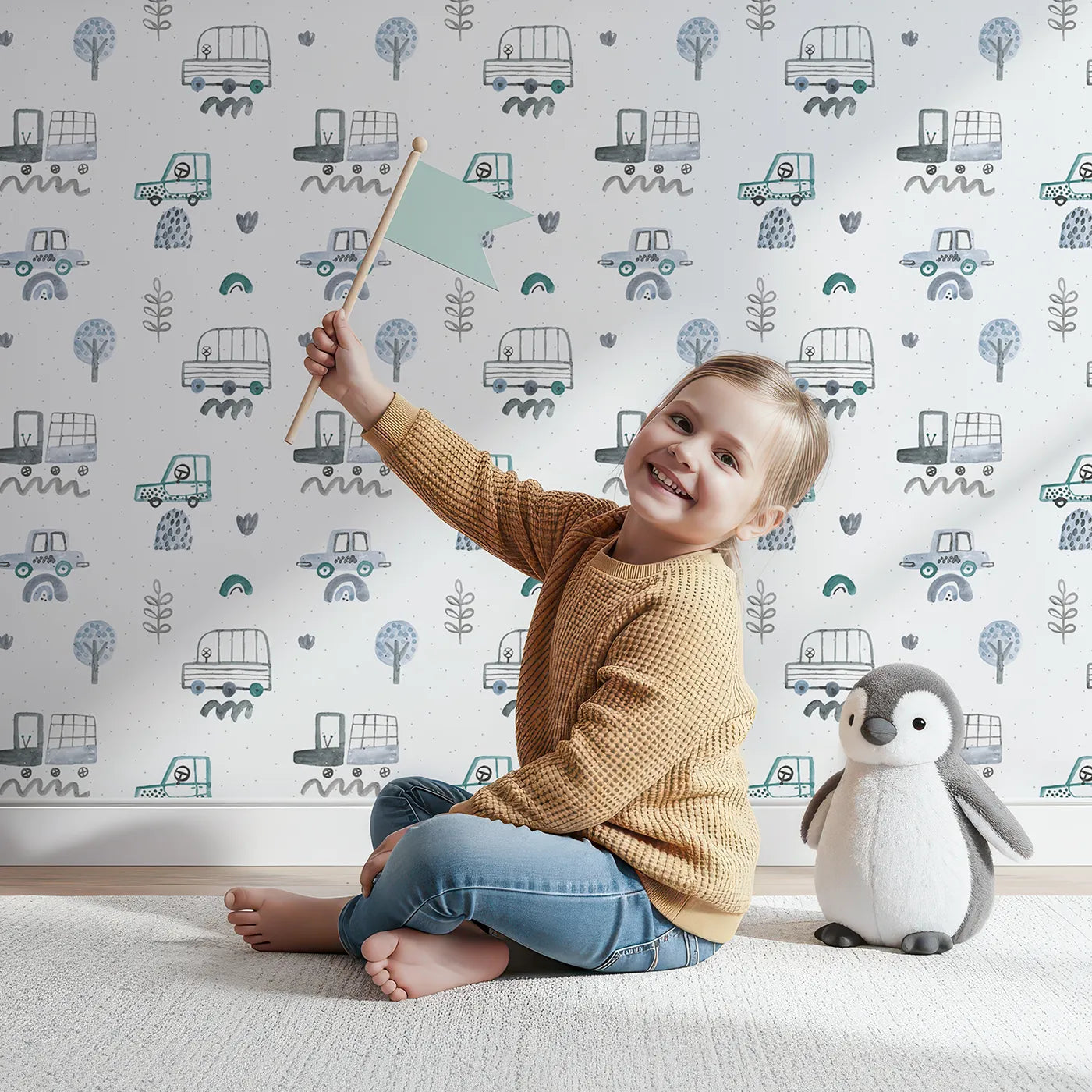 Lovely child standing in front of Whimsy Tots Blue Watercolor Cars Wallpaper with car, truck, watercolor, boho, blue in design.