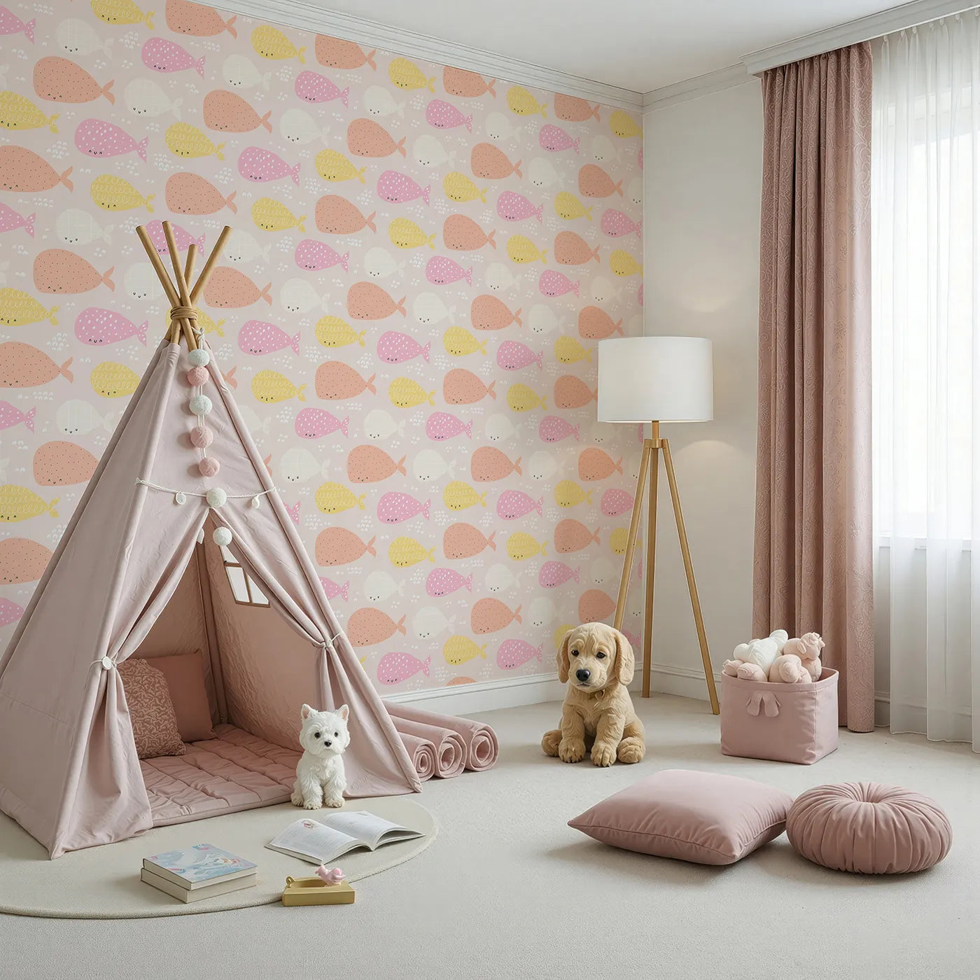 Angled view of Whimsy Tots' Pastel Whale Pod Wallpaper (W2091).Where a pod of colorful whales swims in a pastel sea.