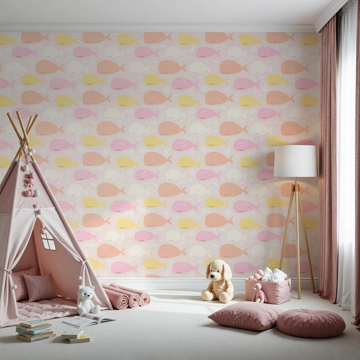 Front view of Whimsy Tots' Pastel Whale Pod Wallpaper