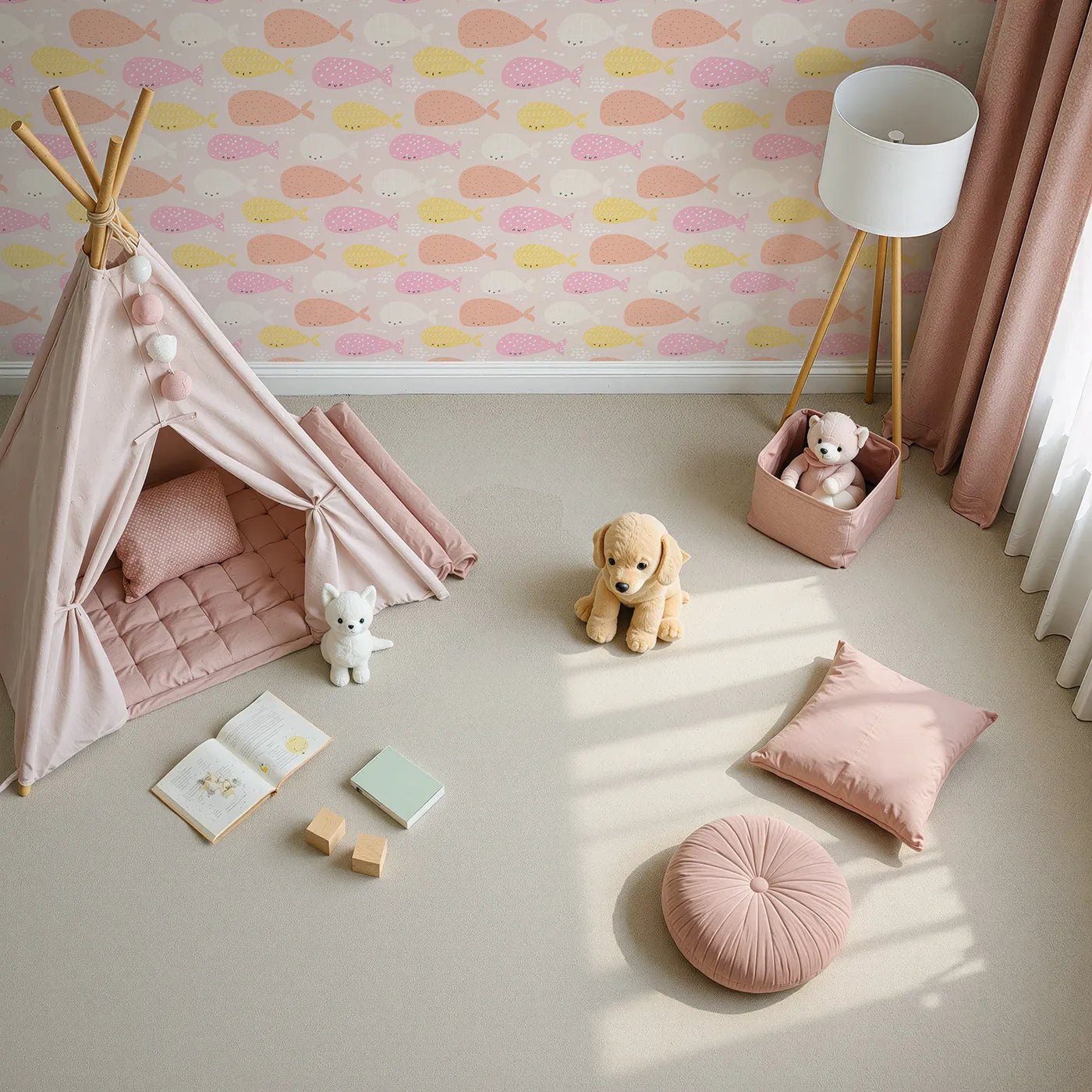 Top-Down view of Whimsy Tots' Pastel Whale Pod Wallpaper (W2091).Where a pod of colorful whales swims in a pastel sea.