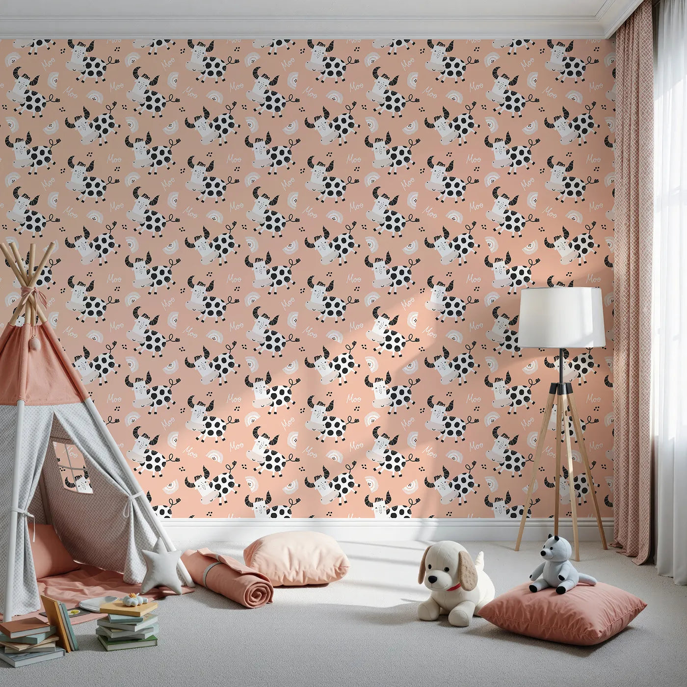 Front view of Whimsy Tots' Happy Moo Cow Wallpaper