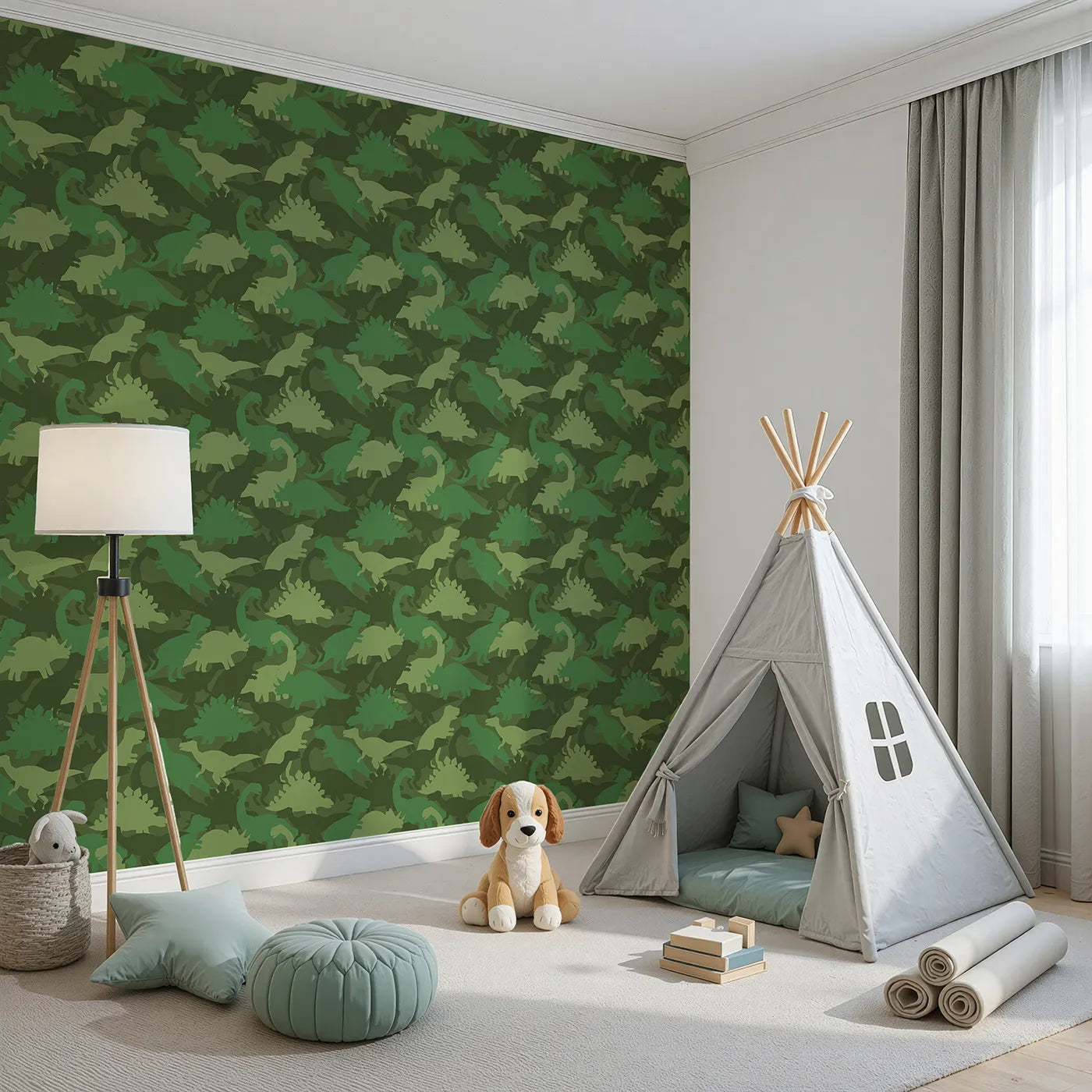 Angled view of Whimsy Tots' Dinosaur Camouflage Wallpaper in Green (W2093).Where mighty dinosaurs are hiding among the leaves.