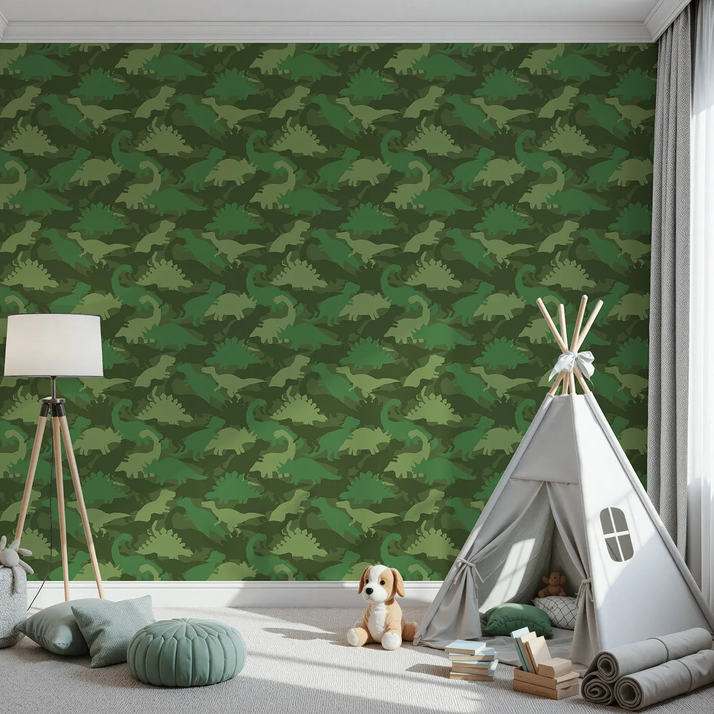 Front view of Whimsy Tots' Dinosaur Camouflage Wallpaper in Green