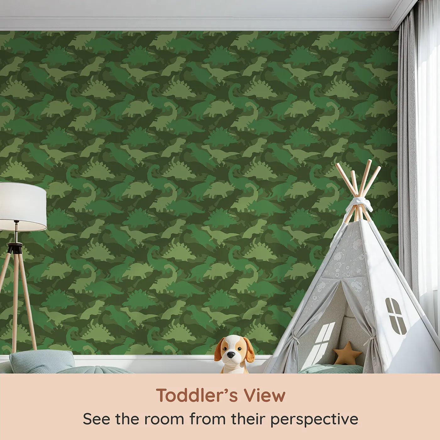 Whimsy Tots Dinosaur Camouflage Wallpaper in Green (W2093) from your child's view.Where mighty dinosaurs are hiding among the leaves.