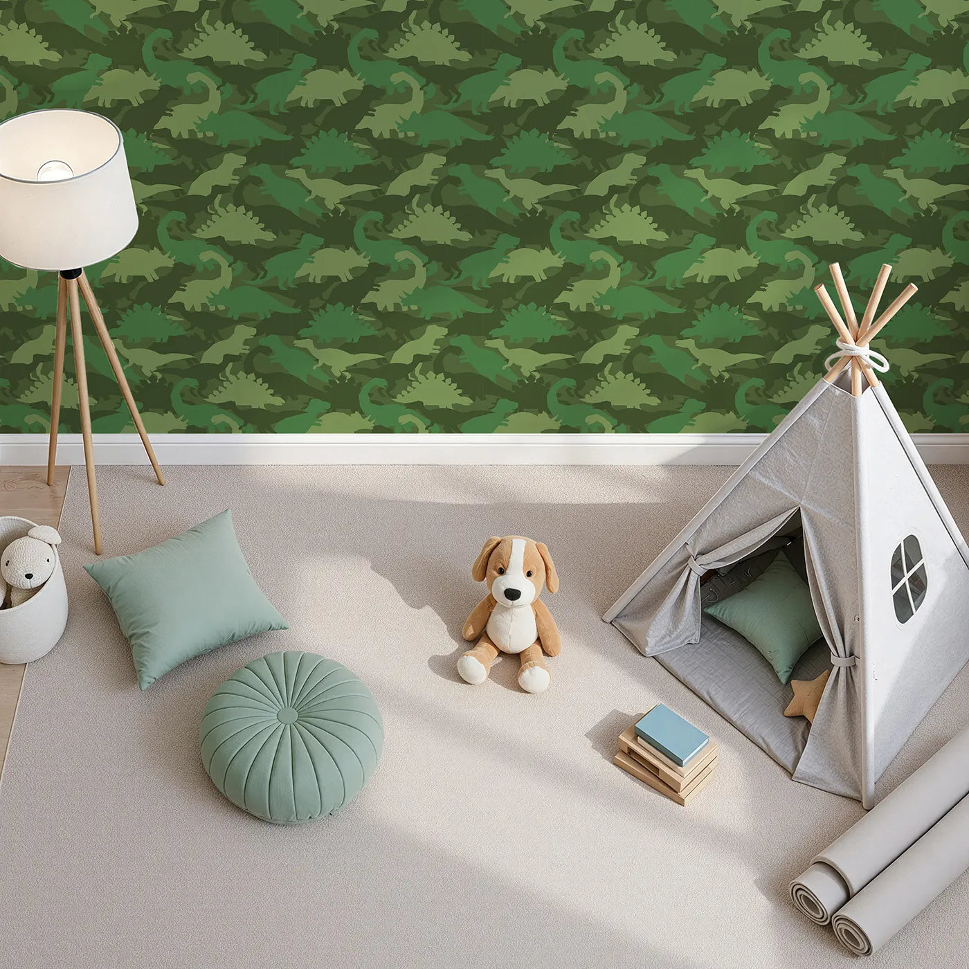 Top-Down view of Whimsy Tots' Dinosaur Camouflage Wallpaper in Green (W2093).Where mighty dinosaurs are hiding among the leaves.