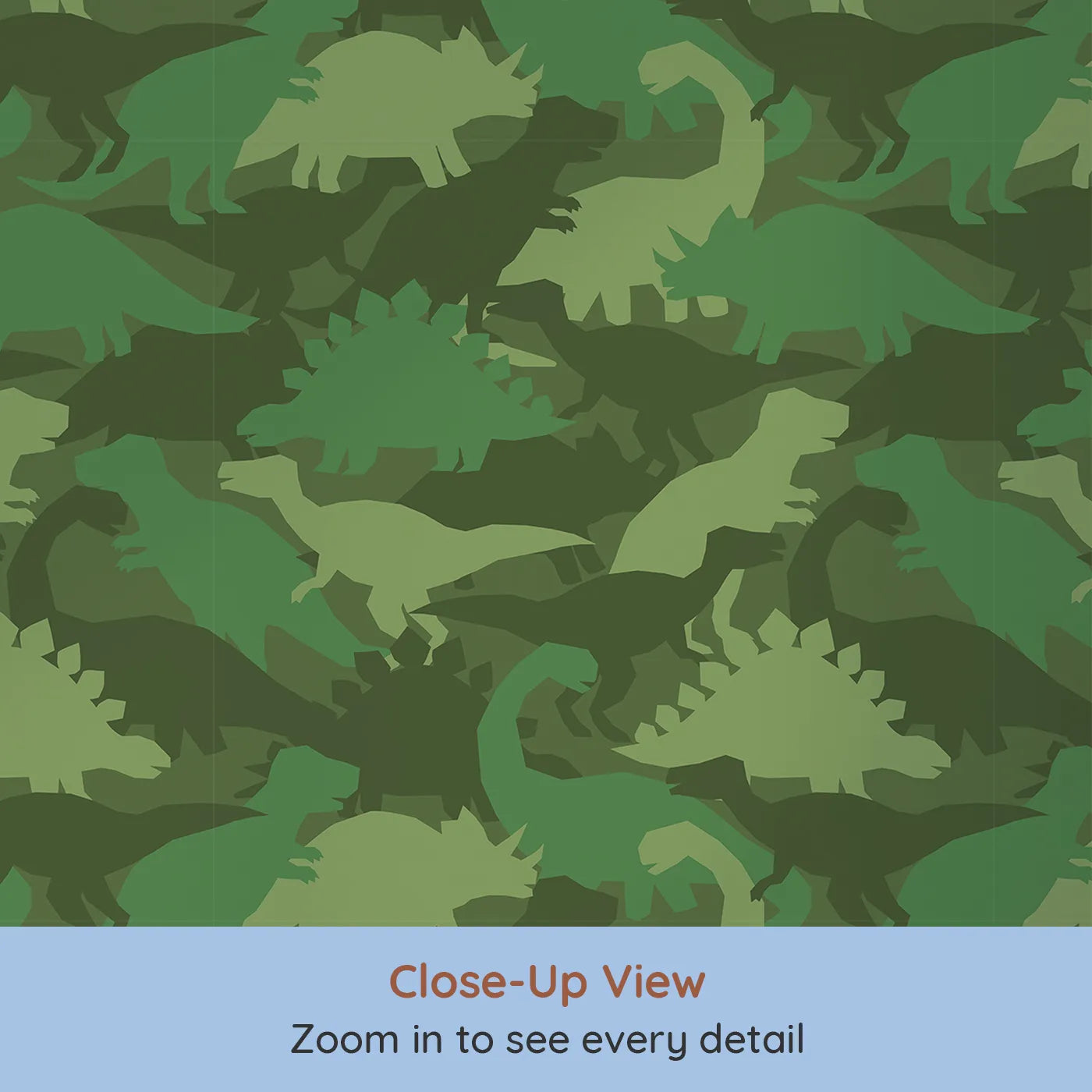 Close-up view of Whimsy Tots' Dinosaur Camouflage Wallpaper in Green (W2093).Where mighty dinosaurs are hiding among the leaves.