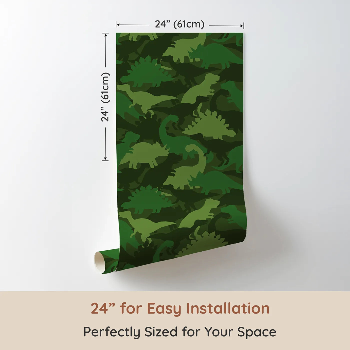 Dimension view of Whimsy Tots Dinosaur Camouflage Wallpaper in Green (W2093). Printed in 24-inch-wide panel for easy installation. Where mighty dinosaurs are hiding among the leaves.