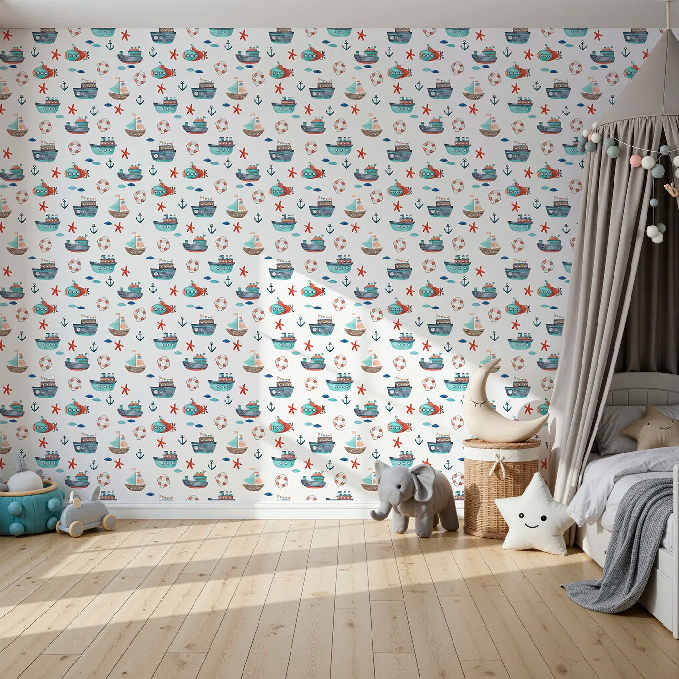 Front view of Whimsy Tots' Watercolor Maritime Fleet Wallpaper