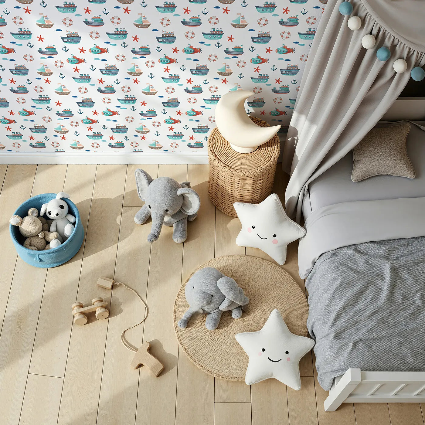 Top-Down view of Whimsy Tots' Watercolor Maritime Fleet Wallpaper (W2095).Where a fleet of charming boats is ready to set sail.