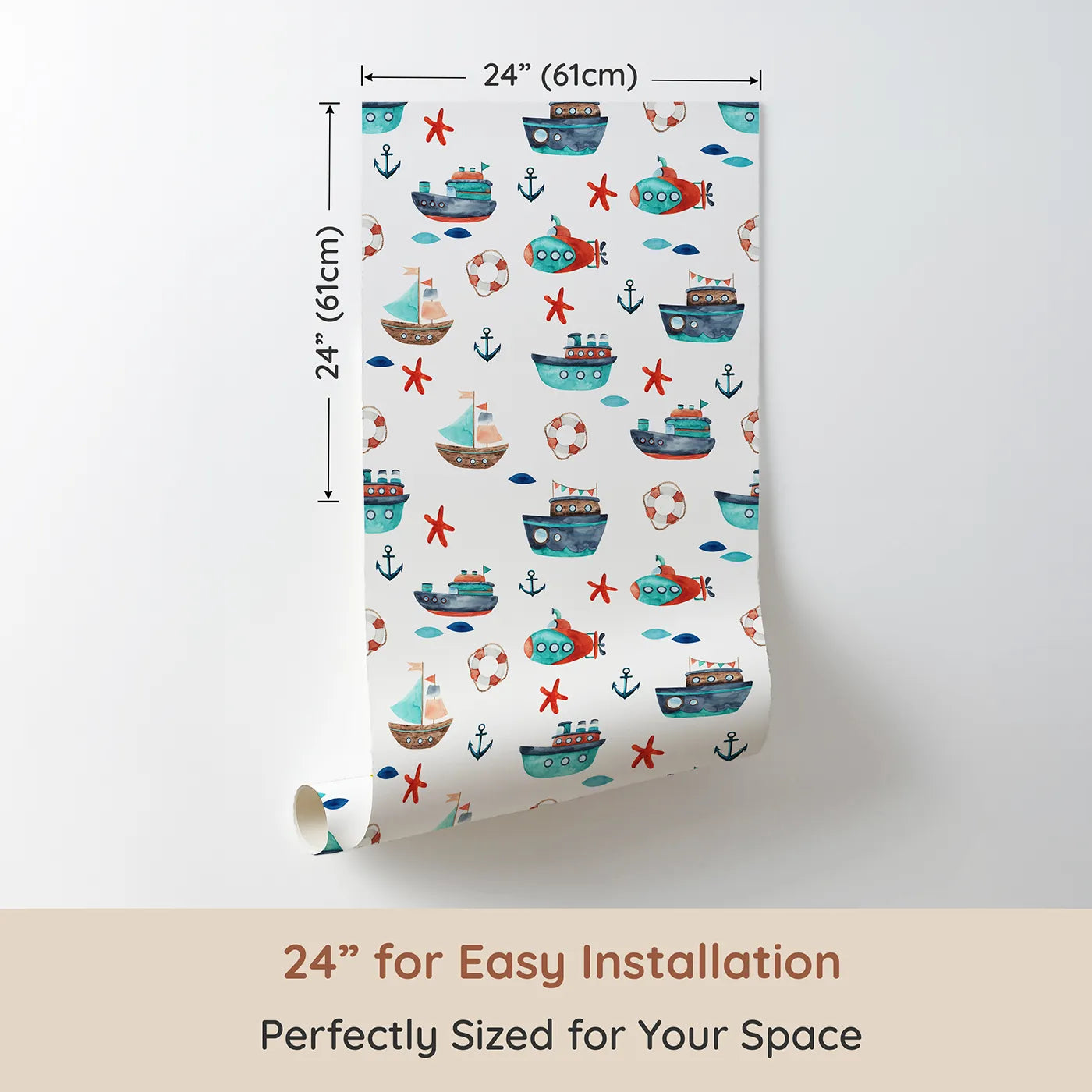 Dimension view of Whimsy Tots Watercolor Maritime Fleet Wallpaper (W2095). Printed in 24-inch-wide panel for easy installation. Where a fleet of charming boats is ready to set sail.