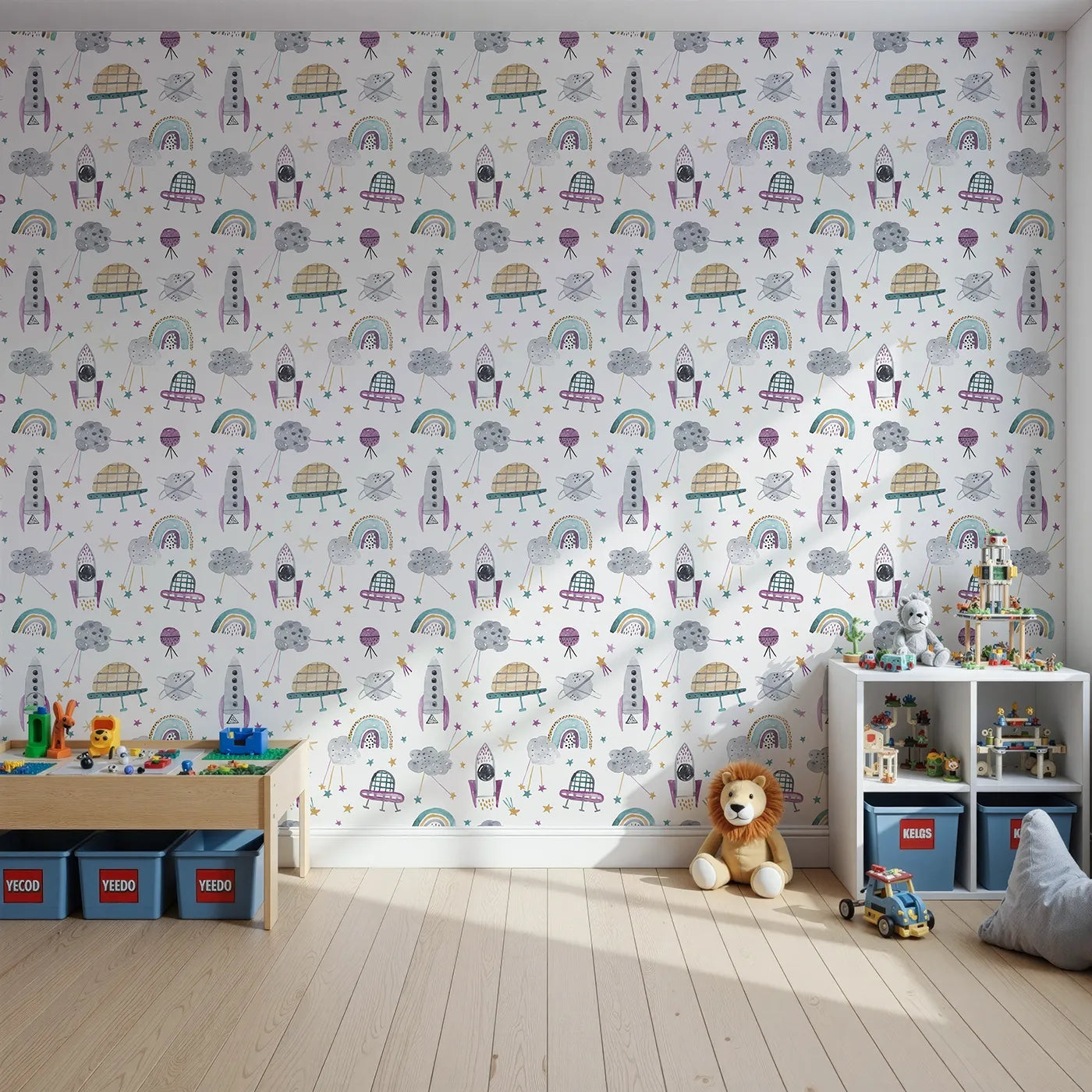 Front view of Whimsy Tots' Watercolor Space Rainbows Wallpaper