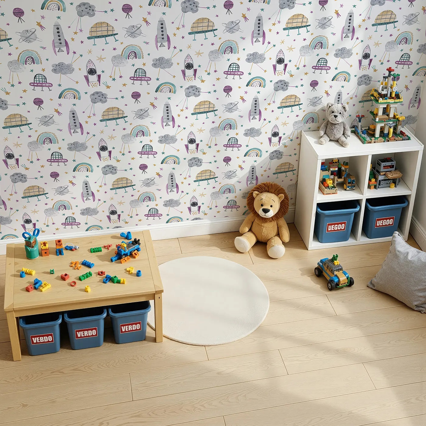Top-Down view of Whimsy Tots' Watercolor Space Rainbows Wallpaper (W2096).Where soft rockets and gentle rainbows float among the stars.