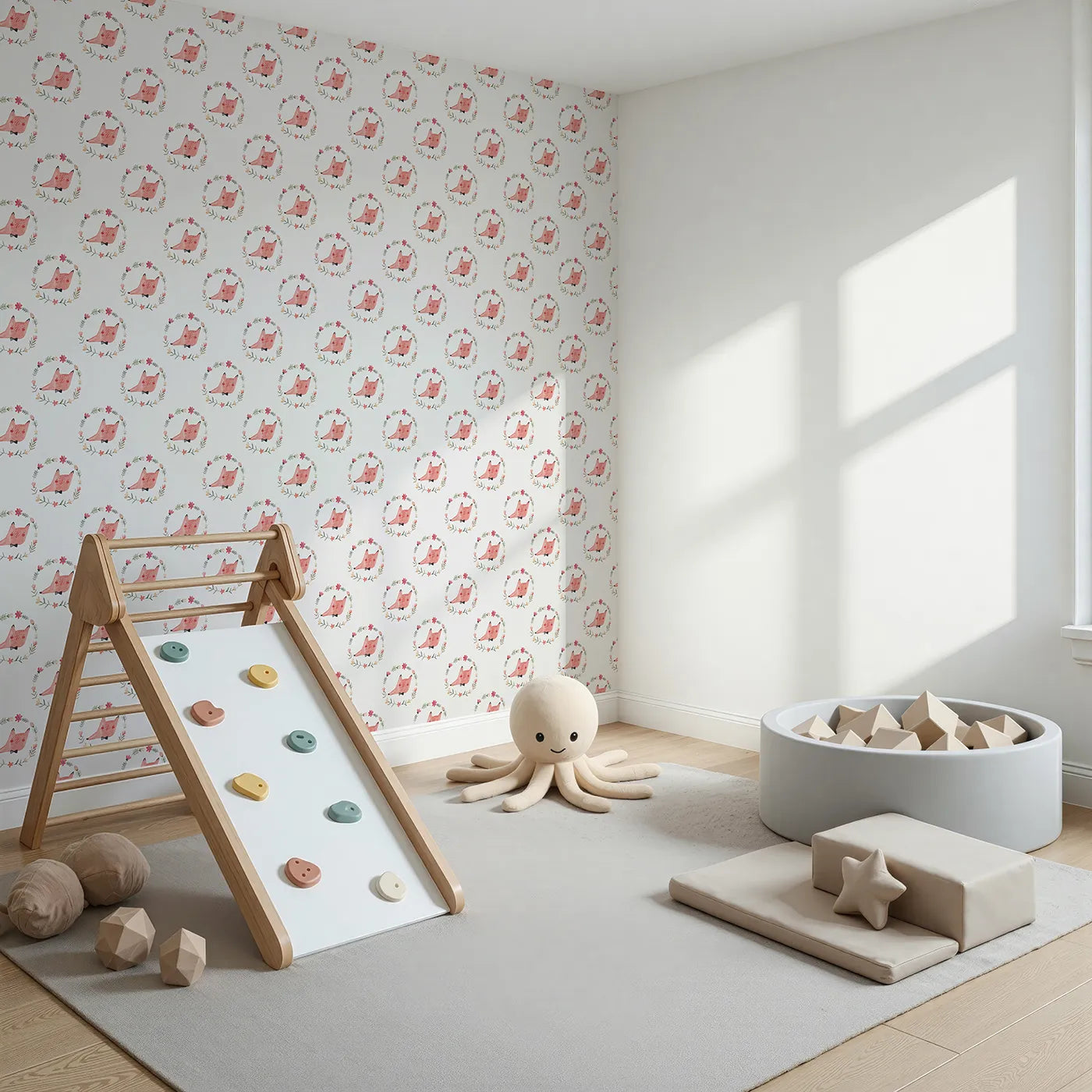 Angled view of Whimsy Tots' Dapper Fox Portrait Wallpaper (W2098).Where dapper foxes in bow ties are the guests of honor.