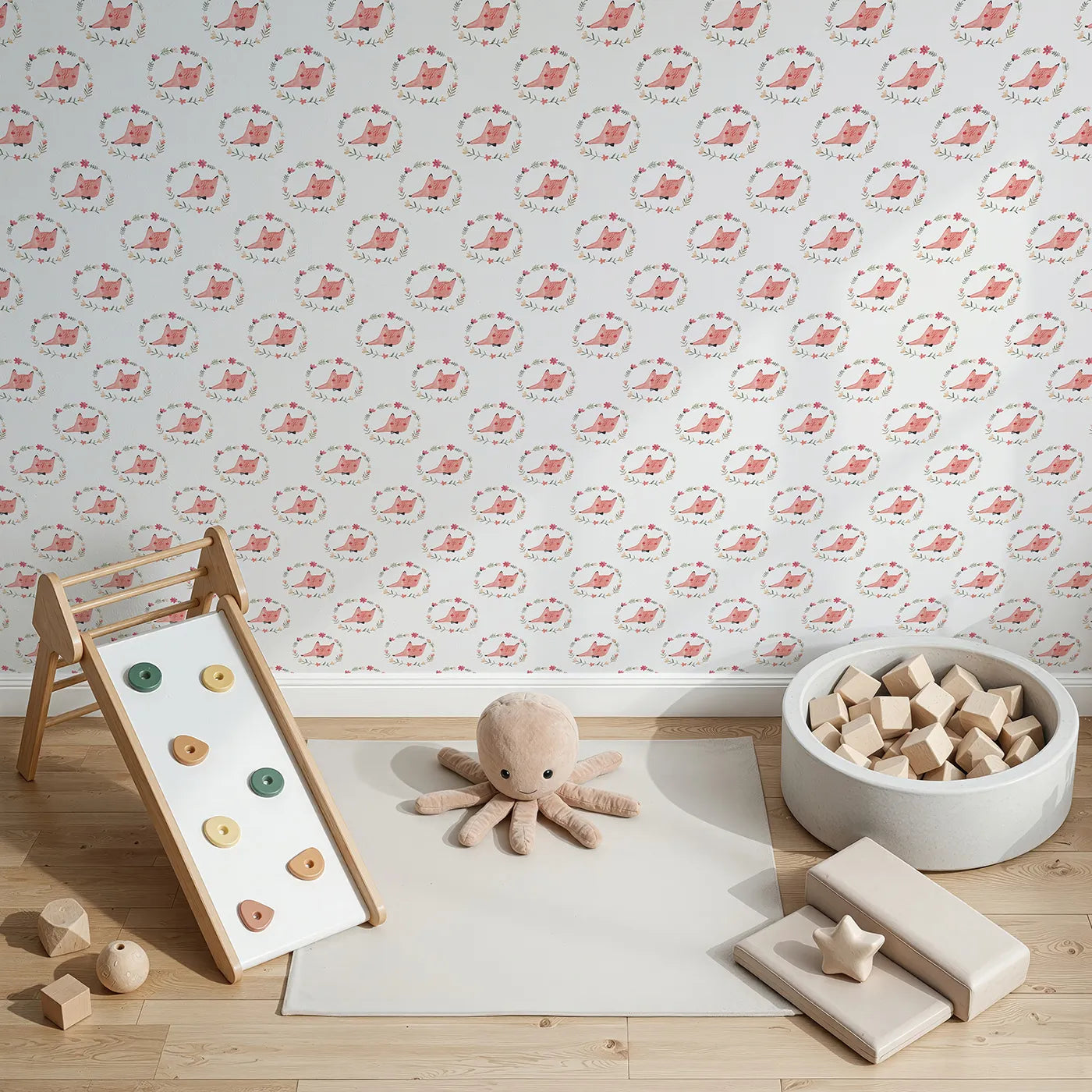 Top-Down view of Whimsy Tots' Dapper Fox Portrait Wallpaper (W2098).Where dapper foxes in bow ties are the guests of honor.