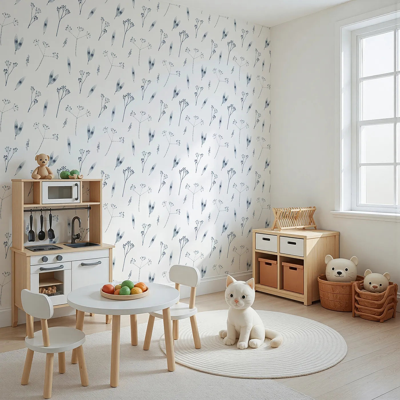 Angled view of Whimsy Tots' Indigo Botanical Seed Pod Wallpaper (W2099).Where delicate, hand-painted botanicals drift in a peaceful space.