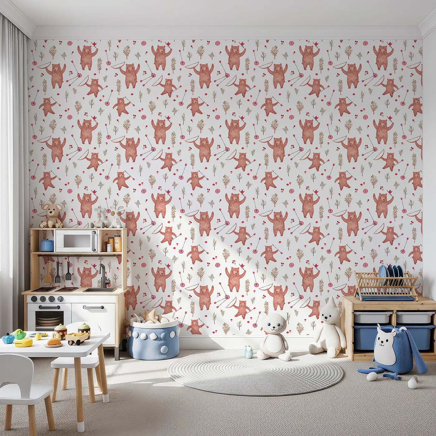 Front view of Whimsy Tots' Woodland Archer Bear Wallpaper