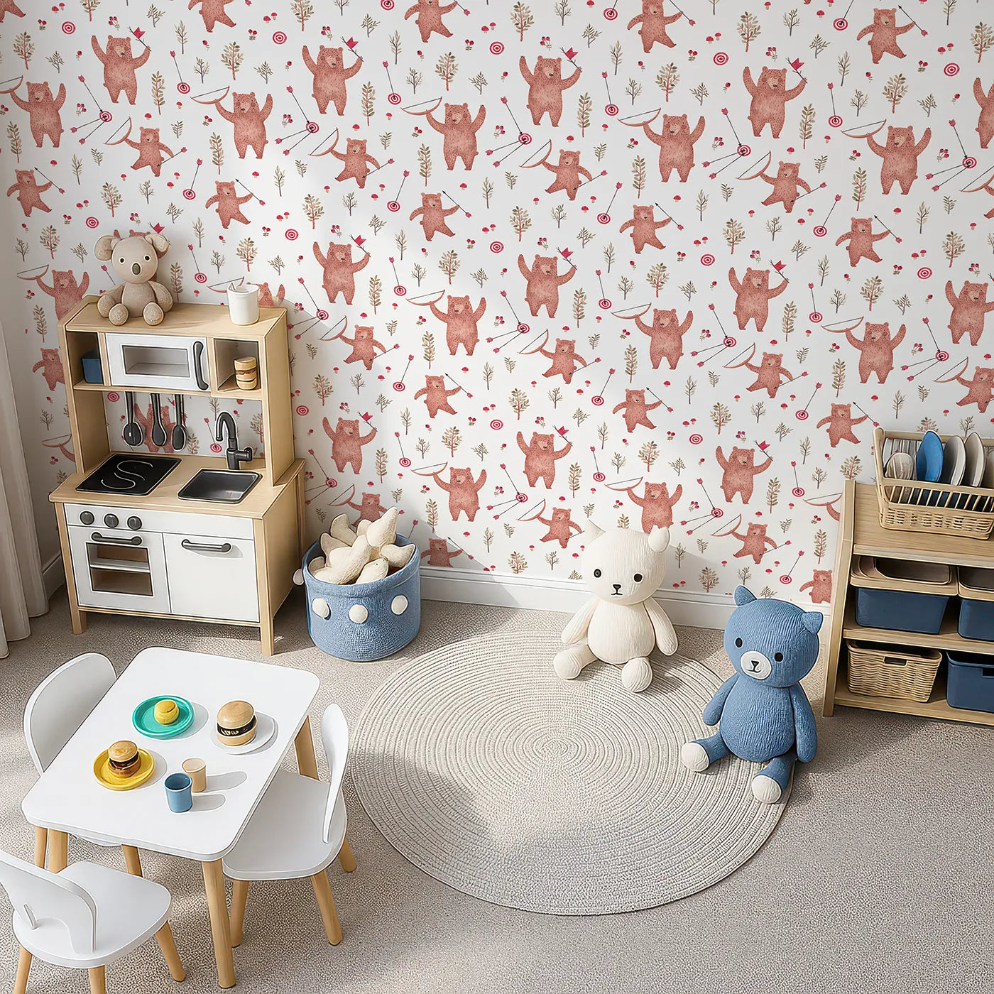 Top-Down view of Whimsy Tots' Woodland Archer Bear Wallpaper (W2100).Where happy bears practice their archery among the trees.