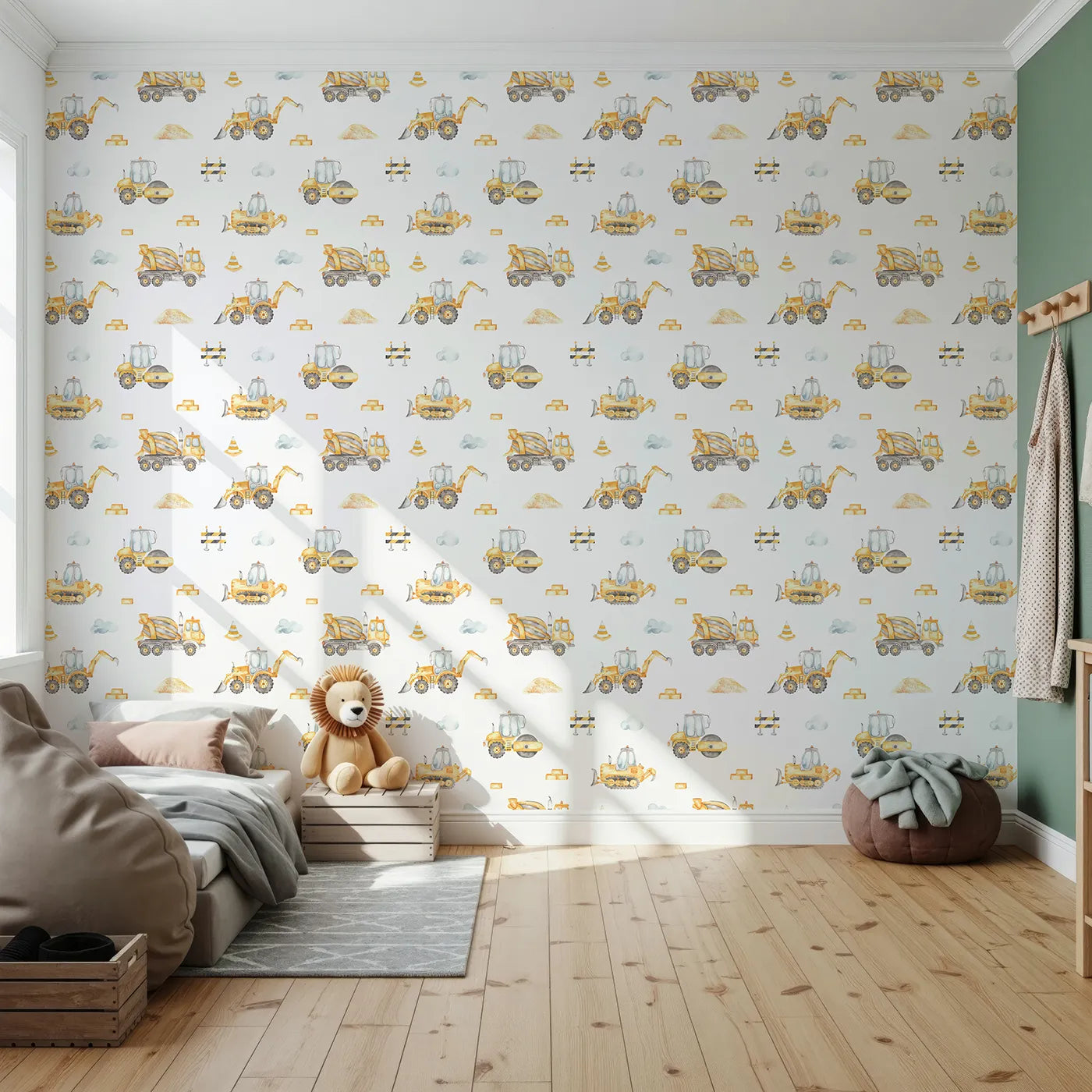Front view of Whimsy Tots' Watercolor Construction Zone Wallpaper