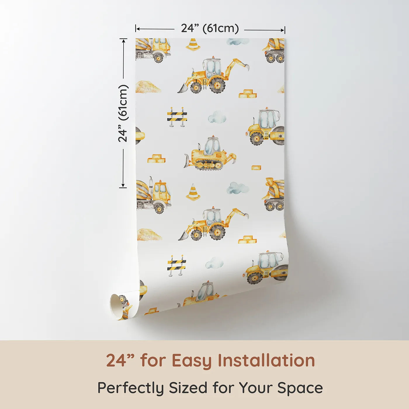 Dimension view of Whimsy Tots Watercolor Construction Zone Wallpaper (W2102). Printed in 24-inch-wide panel for easy installation. Where soft, hand-painted trucks work all day long.