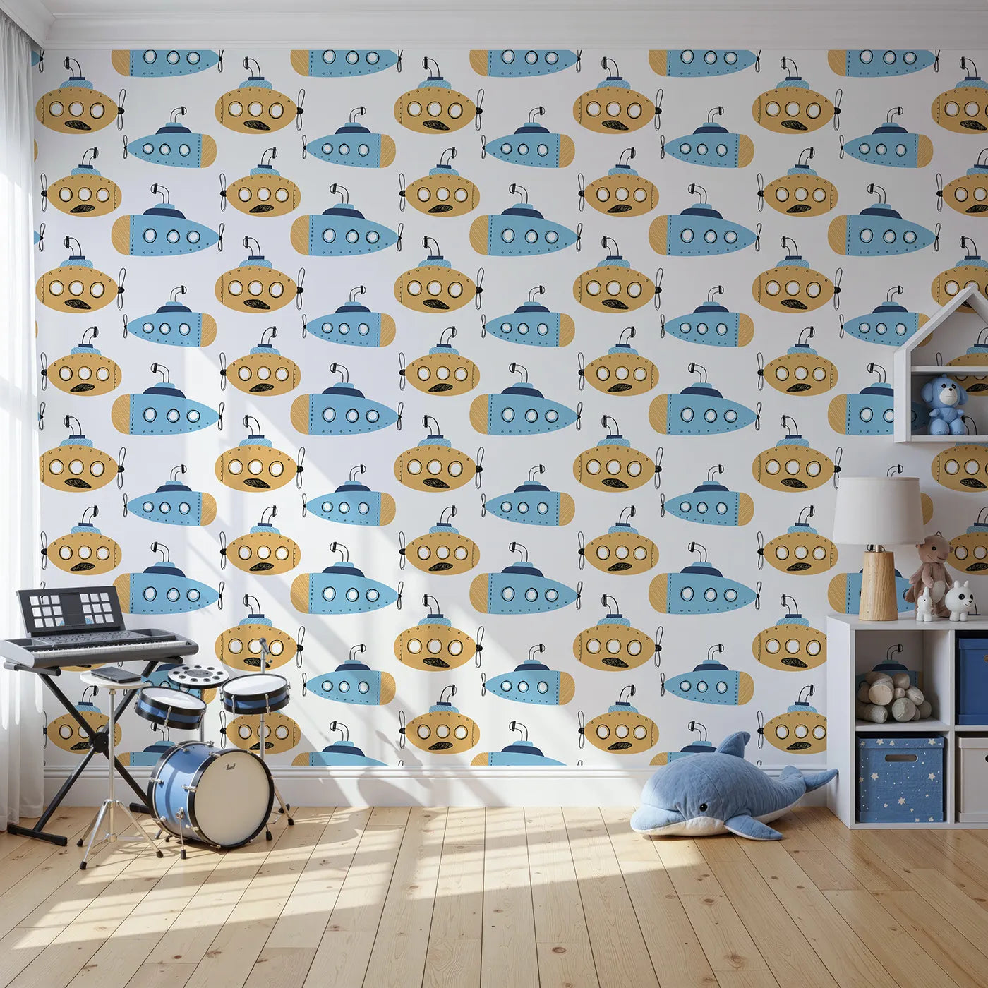 Front view of Whimsy Tots' Quirky Submarine Voyage Wallpaper