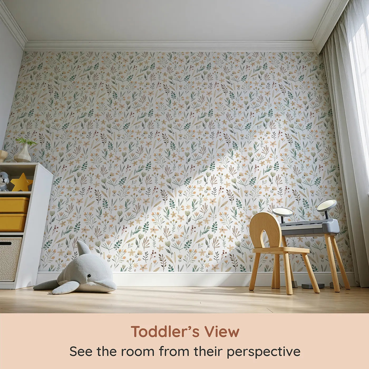 Whimsy Tots Earthy Watercolor Wildflowers Wallpaper (W2106) from your child's view.Where delicate wildflowers are painted by a soft breeze.