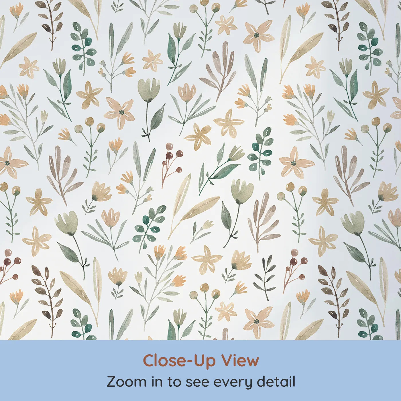 Close-up view of Whimsy Tots' Earthy Watercolor Wildflowers Wallpaper (W2106).Where delicate wildflowers are painted by a soft breeze.