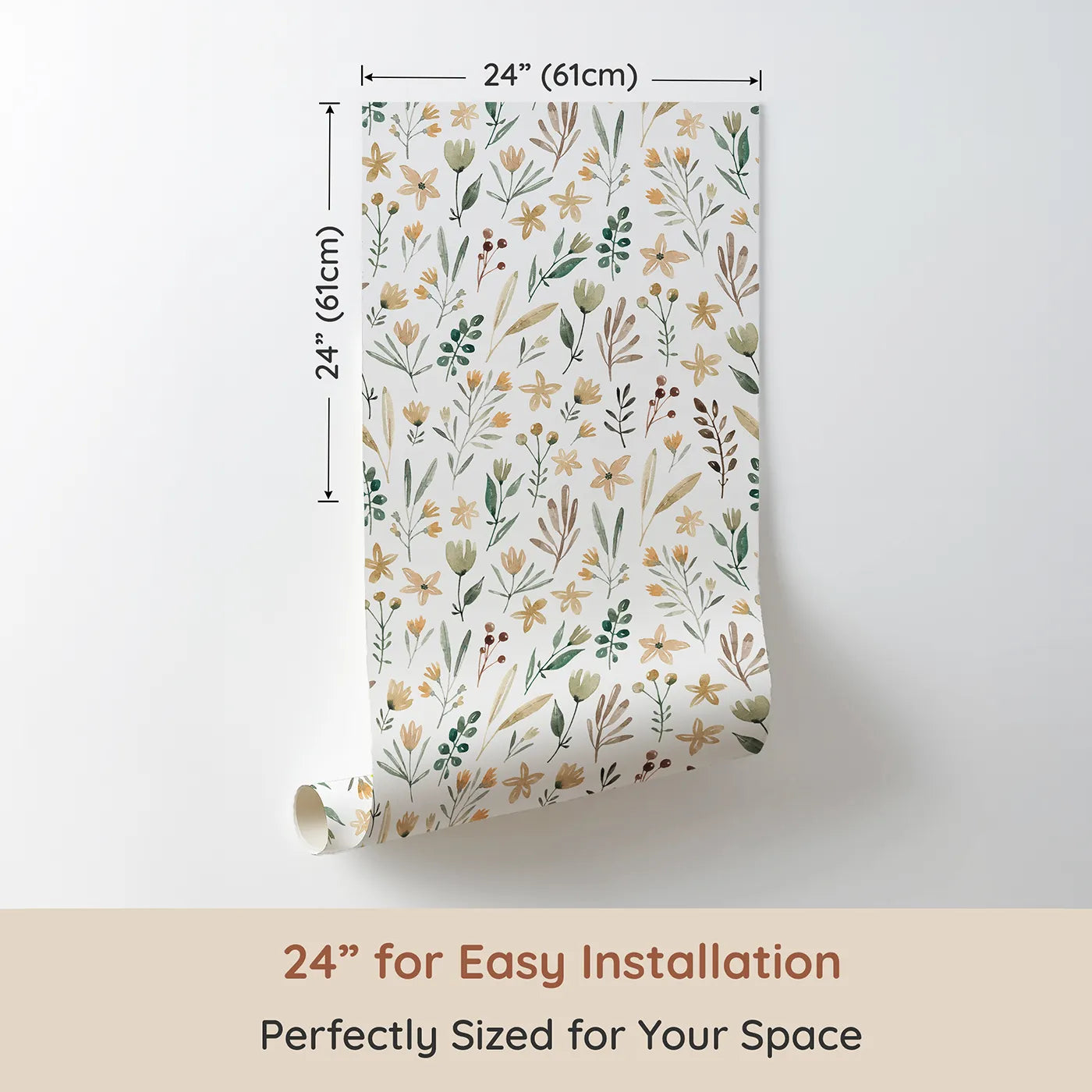 Dimension view of Whimsy Tots Earthy Watercolor Wildflowers Wallpaper (W2106). Printed in 24-inch-wide panel for easy installation. Where delicate wildflowers are painted by a soft breeze.