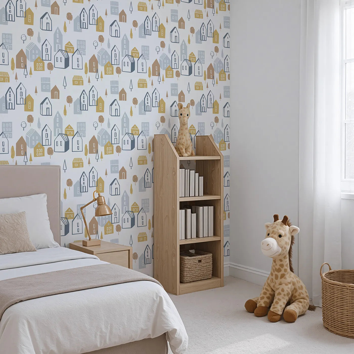 Angled view of Whimsy Tots' Scandi Village Neighborhood Wallpaper (W2108).Where simple, stylish houses create the sweetest neighborhood.
