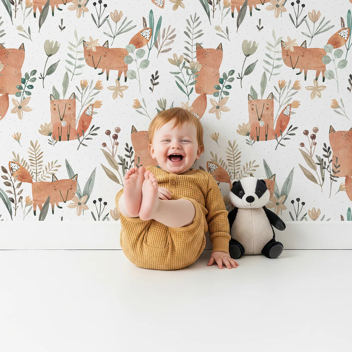 Lovely child standing in front of Whimsy Tots Watercolor Fox Meadow Wallpaper with fox, woodland, flower, watercolor, botanical in design.