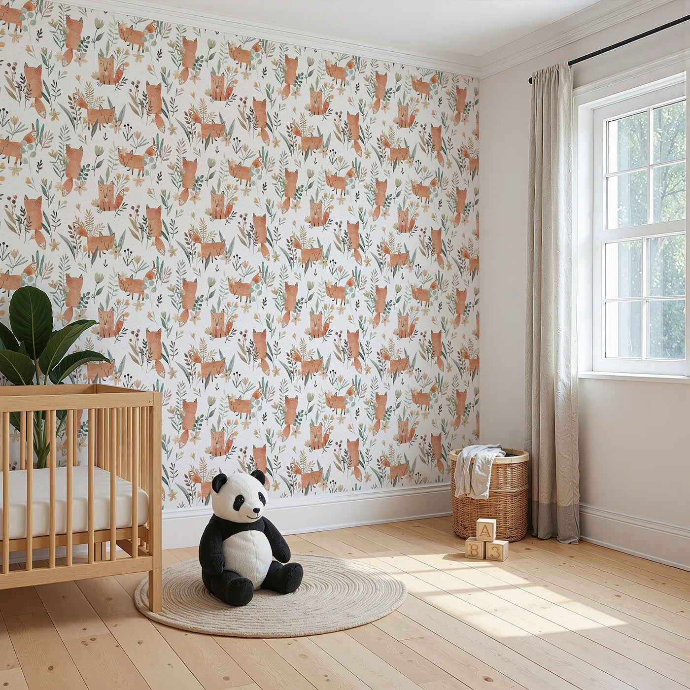 Angled view of Whimsy Tots' Watercolor Fox Meadow Wallpaper (W2111).Where clever little foxes play among the flowers and ferns.