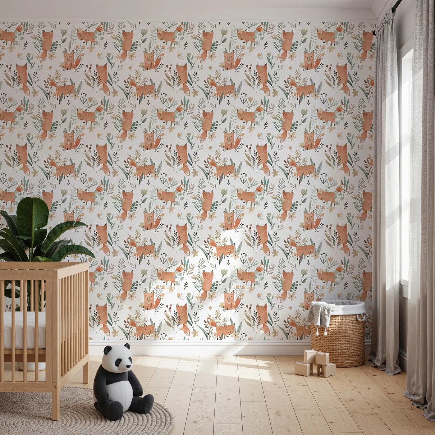 Front view of Whimsy Tots' Watercolor Fox Meadow Wallpaper