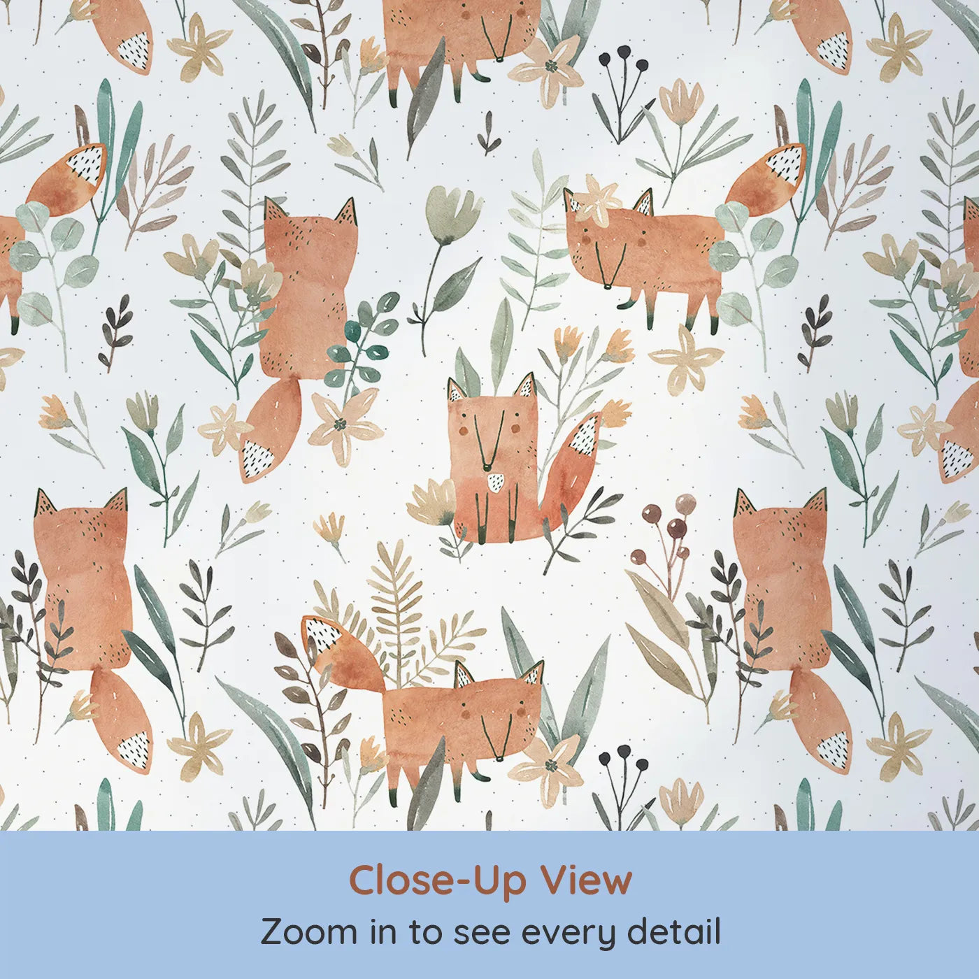 Close-up view of Whimsy Tots' Watercolor Fox Meadow Wallpaper (W2111).Where clever little foxes play among the flowers and ferns.