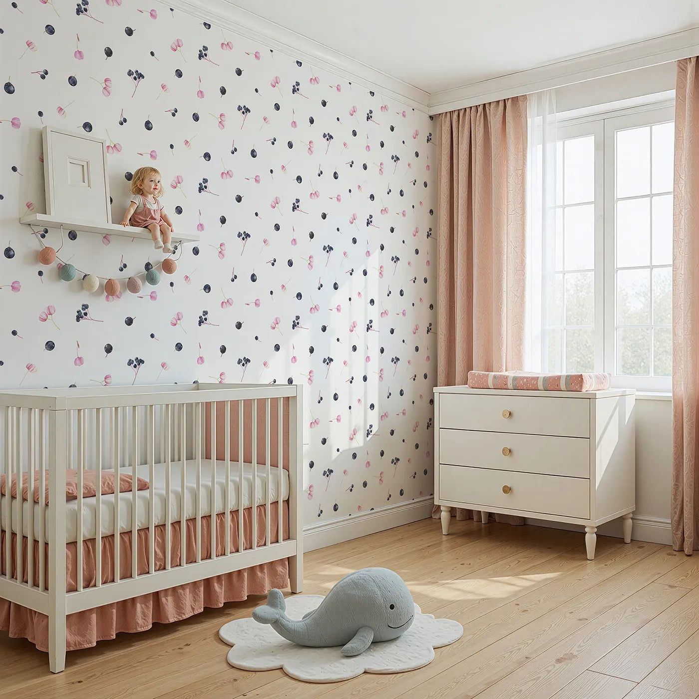 Angled view of Whimsy Tots' Watercolor Berries and Blooms Wallpaper (W2113).Where sweet berries and simple flowers are scattered like jewels.
