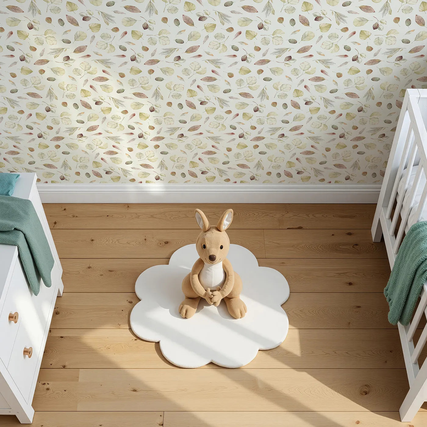 Top-Down view of Whimsy Tots' Faded Autumn Leaves Wallpaper (W2114).Where a carpet of soft, fallen leaves creates a cozy nest.