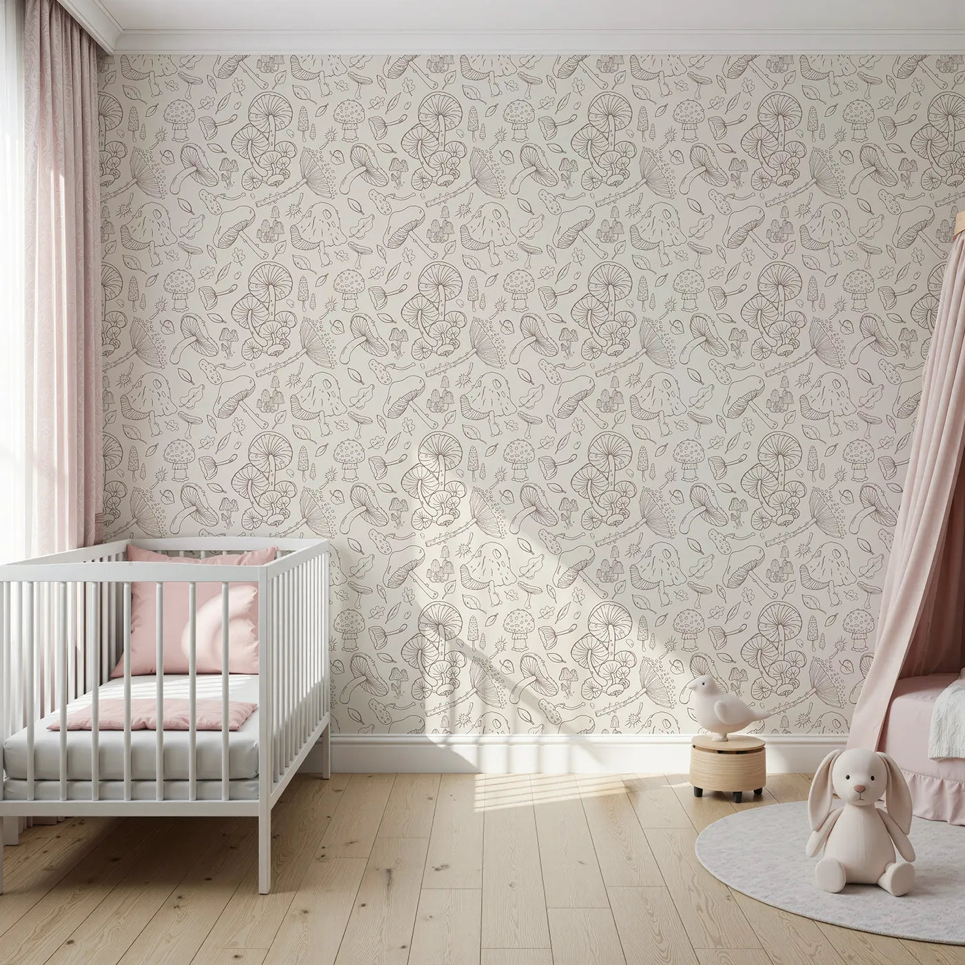 Front view of Whimsy Tots' Mushroom Doodle Study Wallpaper