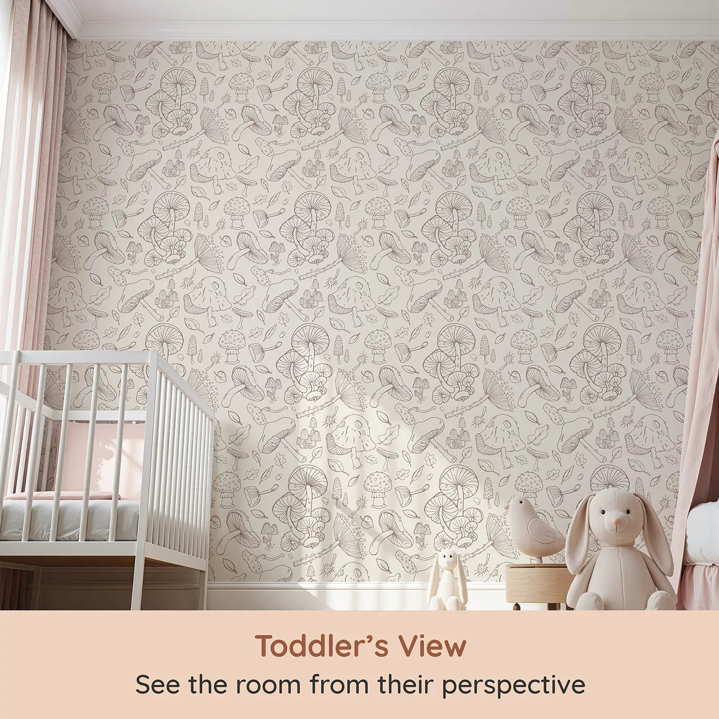 Whimsy Tots Mushroom Doodle Study Wallpaper (W2117) from your child's view.Where all kinds of fascinating mushrooms are waiting to be discovered.
