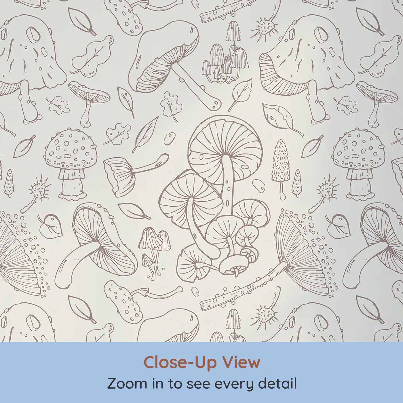 Close-up view of Whimsy Tots' Mushroom Doodle Study Wallpaper (W2117).Where all kinds of fascinating mushrooms are waiting to be discovered.