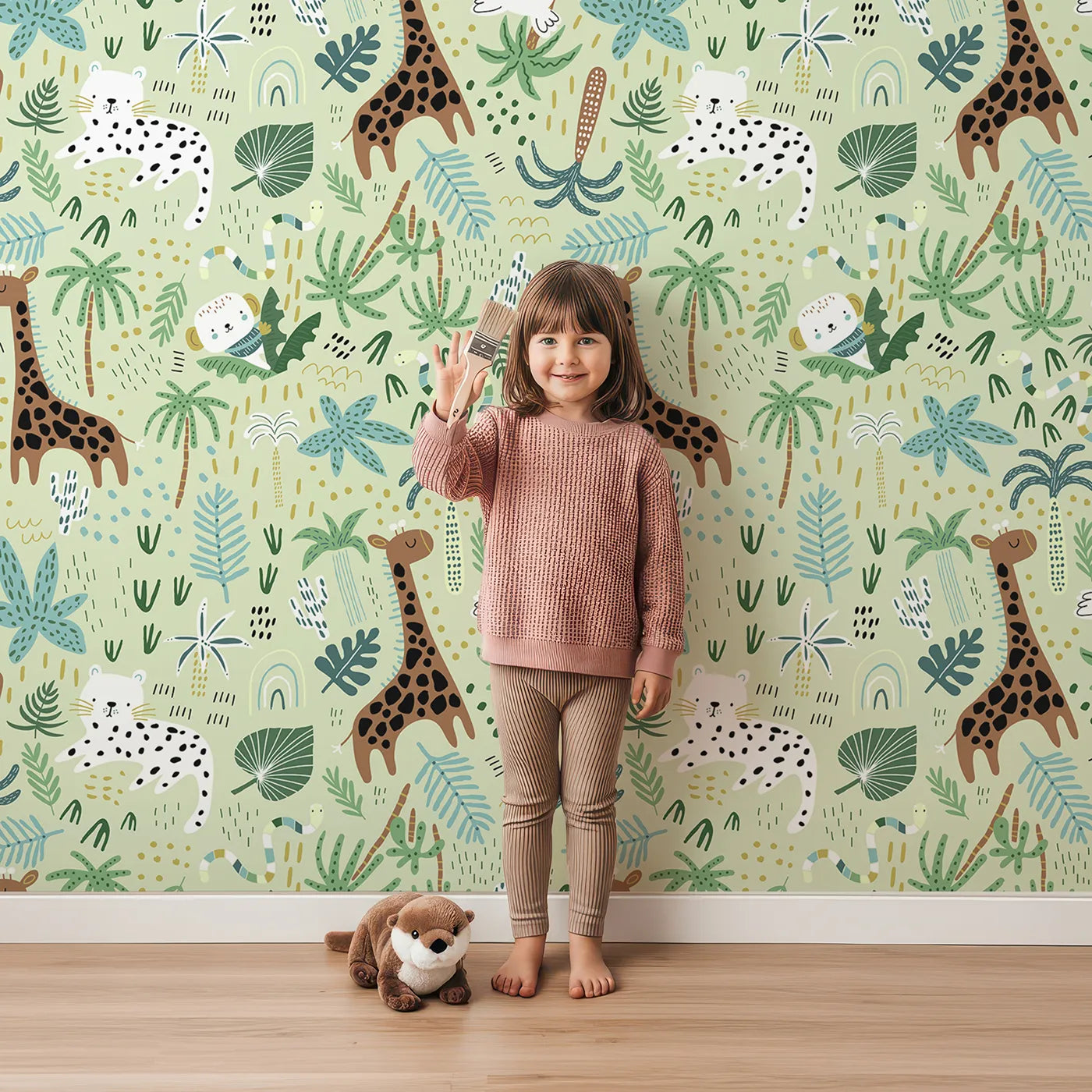Lovely child standing in front of Whimsy Tots Busy Jungle Friends Playtime Wallpaper with jungle, safari, animal, tropical, giraffe in design.