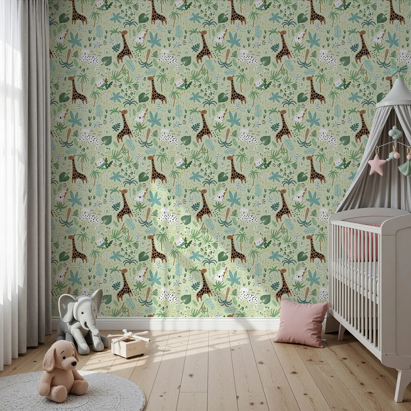 Front view of Whimsy Tots' Busy Jungle Friends Playtime Wallpaper