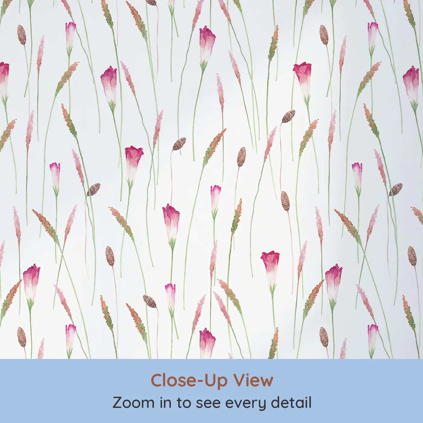 Close-up view of Whimsy Tots' Watercolor Wild Grasses Wallpaper (W2119).Where delicate grasses and flowers sway in an imaginary breeze.